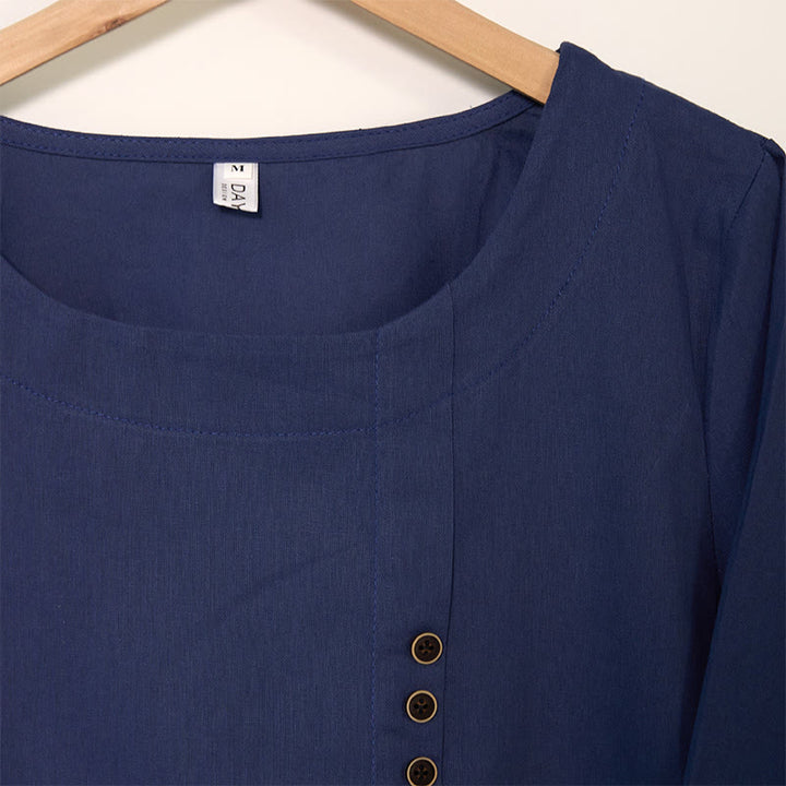 Camisa de lino y algodón con cuello redondo y manga larga informal con diseño de diente de león y Buddha Stones para mujer