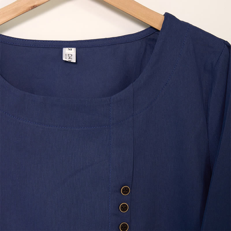 Camisa de lino y algodón con cuello redondo y manga larga informal con diseño de diente de león y Buddha Stones para mujer - image 3