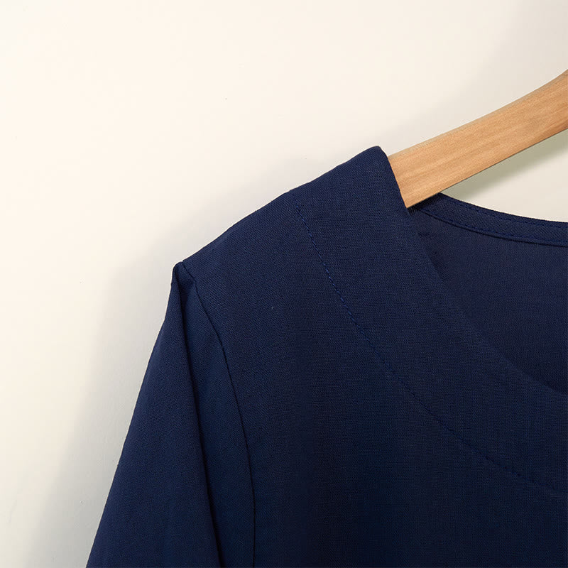 Camisa de lino y algodón con cuello redondo y manga larga informal con diseño de diente de león y Buddha Stones para mujer