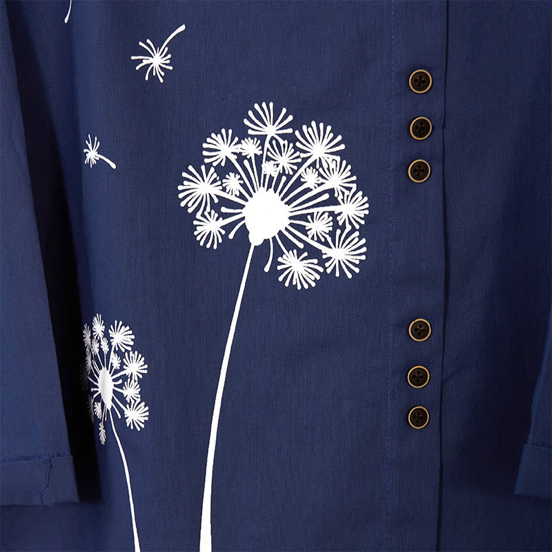 Camisa de lino y algodón con cuello redondo y manga larga informal con diseño de diente de león y Buddha Stones para mujer