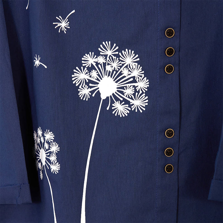 Camisa de lino y algodón con cuello redondo y manga larga informal con diseño de diente de león y Buddha Stones para mujer