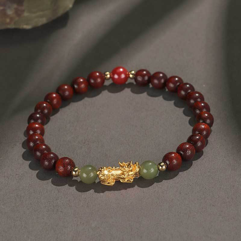 Pulsera de la riqueza PiXiu con hojas pequeñas de sándalo, ébano, sándalo rojo, jade hetiano, cinabrio y Buddha Stones en plata de ley 999 - image 9