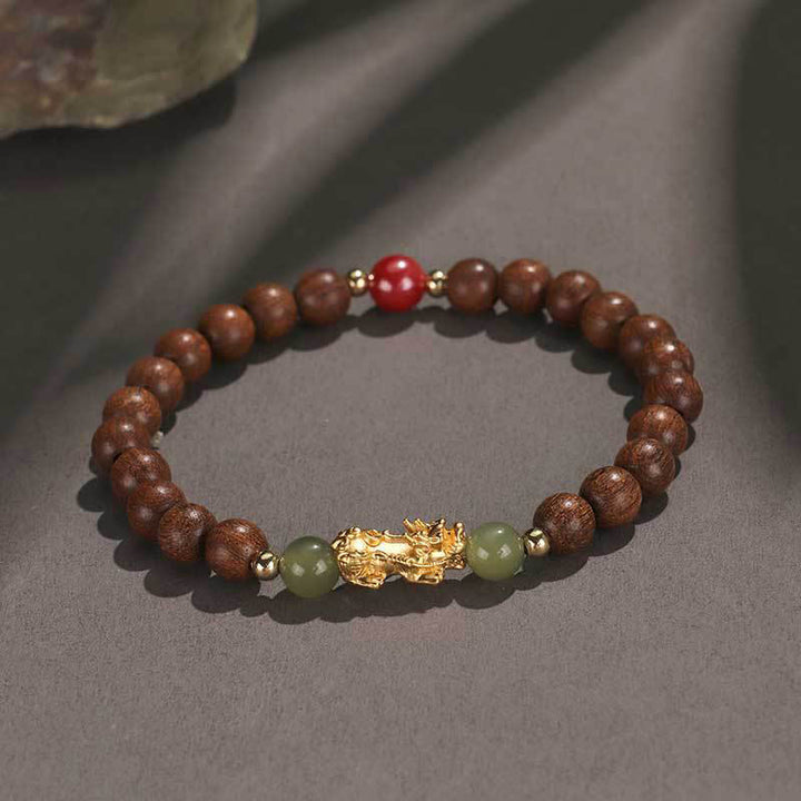 Pulsera de la riqueza PiXiu con hojas pequeñas de sándalo, ébano, sándalo rojo, jade hetiano, cinabrio y Buddha Stones en plata de ley 999 - Sándalo dorado (circunferencia de la muñeca: 14-16 cm) - image 3