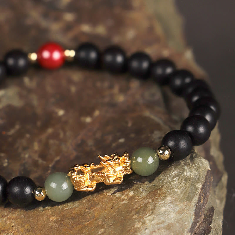 Pulsera de la riqueza PiXiu con hojas pequeñas de sándalo, ébano, sándalo rojo, jade hetiano, cinabrio y Buddha Stones en plata de ley 999 - image 12