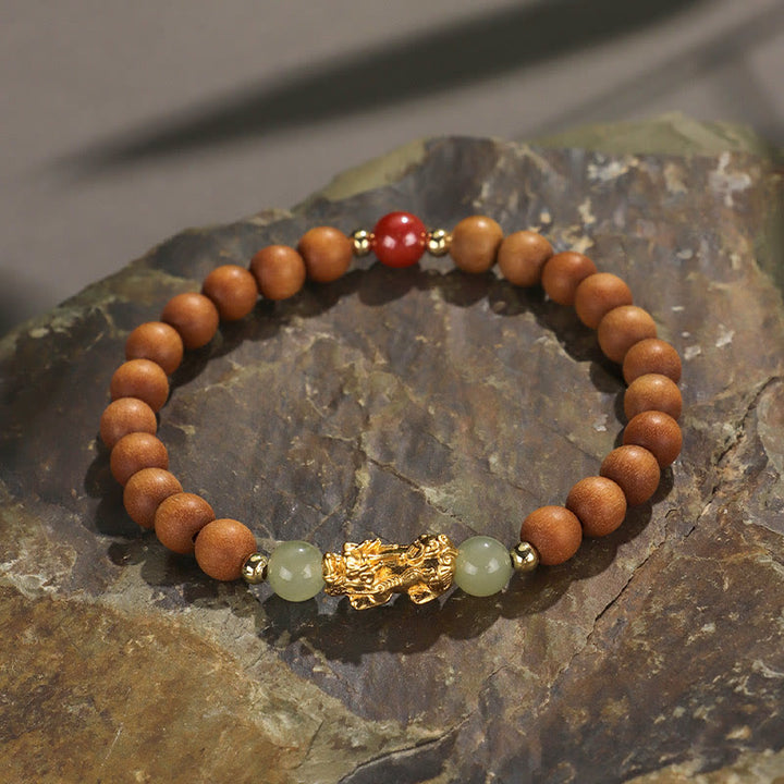 Pulsera de la riqueza PiXiu con hojas pequeñas de sándalo, ébano, sándalo rojo, jade hetiano, cinabrio y Buddha Stones en plata de ley 999 - Sándalo (circunferencia de la muñeca: 14-16 cm) - image 0