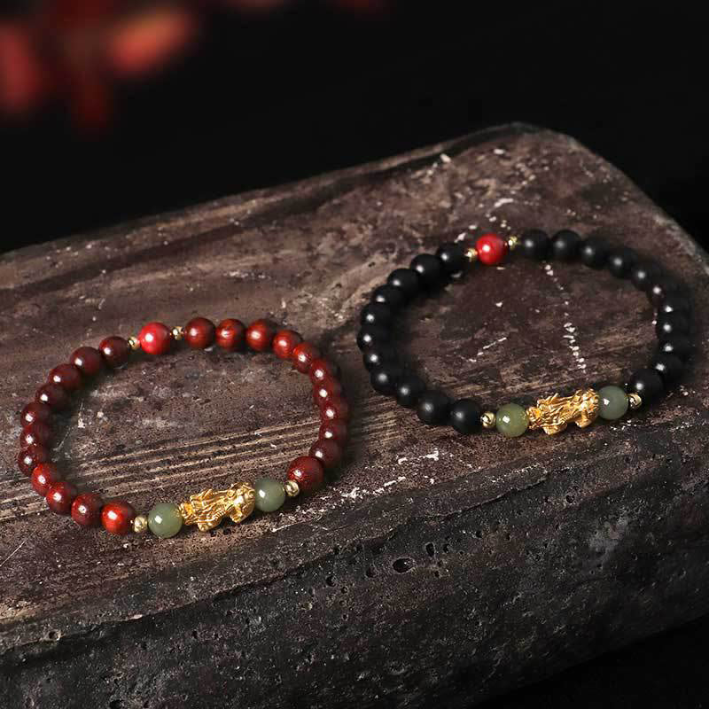 Pulsera de la riqueza PiXiu con hojas pequeñas de sándalo, ébano, sándalo rojo, jade hetiano, cinabrio y Buddha Stones en plata de ley 999