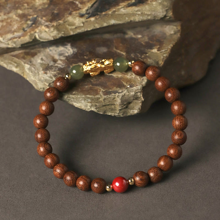 Pulsera de la riqueza PiXiu con hojas pequeñas de sándalo, ébano, sándalo rojo, jade hetiano, cinabrio y Buddha Stones en plata de ley 999 - image 4