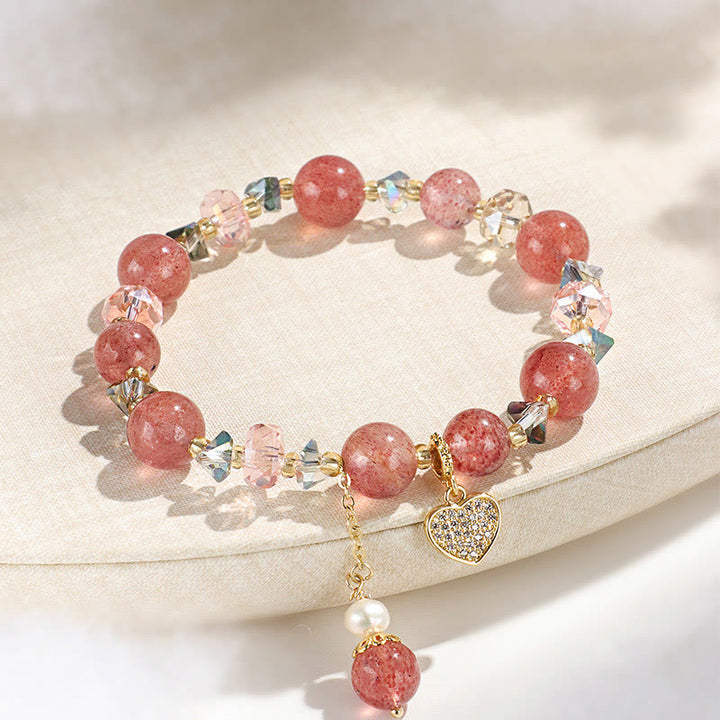 Pulsera curativa con forma de corazón de Liuli con perlas de cristal blanco y cuarzo fresa y Buddha Stones