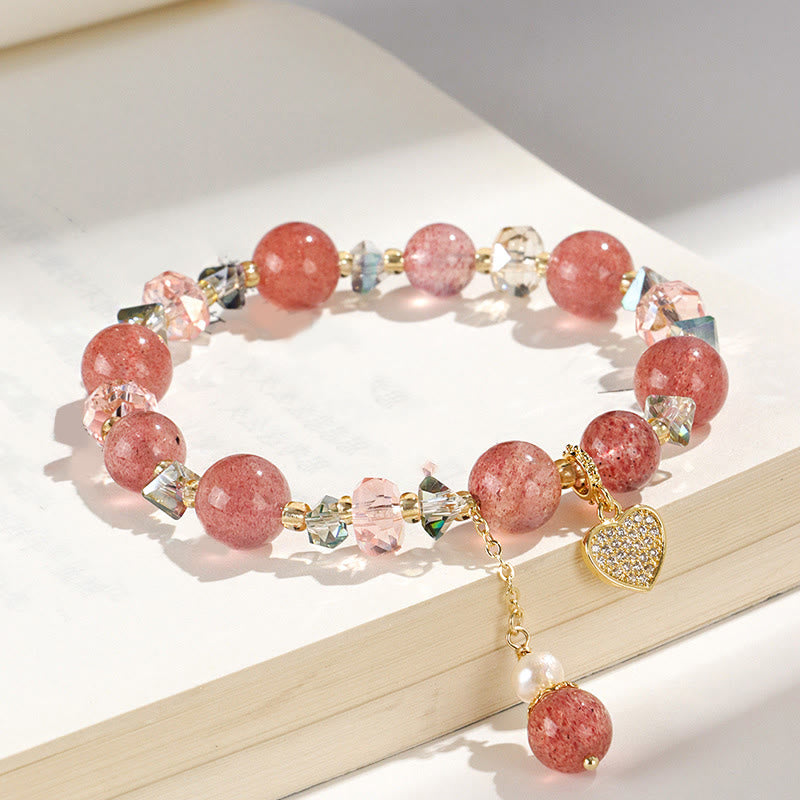Pulsera curativa con forma de corazón de Liuli con perlas de cristal blanco y cuarzo fresa y Buddha Stones