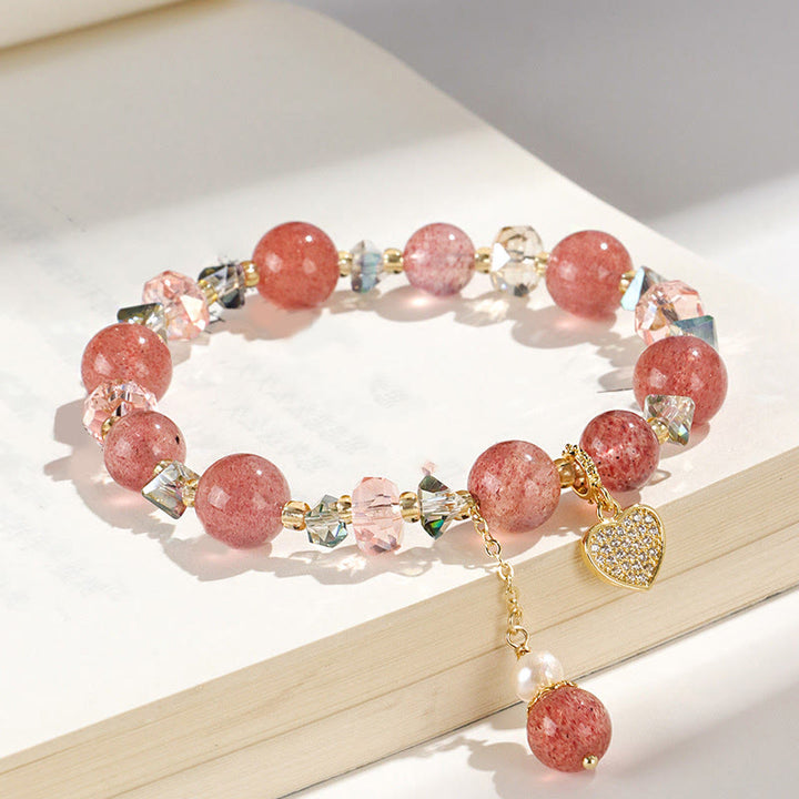 Pulsera curativa con forma de corazón de Liuli con perlas de cristal blanco y cuarzo fresa y Buddha Stones