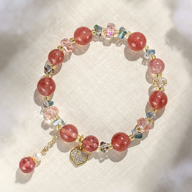 Pulsera curativa con forma de corazón de Liuli con perlas de cristal blanco y cuarzo fresa y Buddha Stones