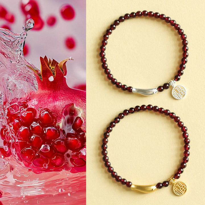 Pulsera de purificación con carácter de pez Fu en plata de ley 925 con Buddha Stones y granate