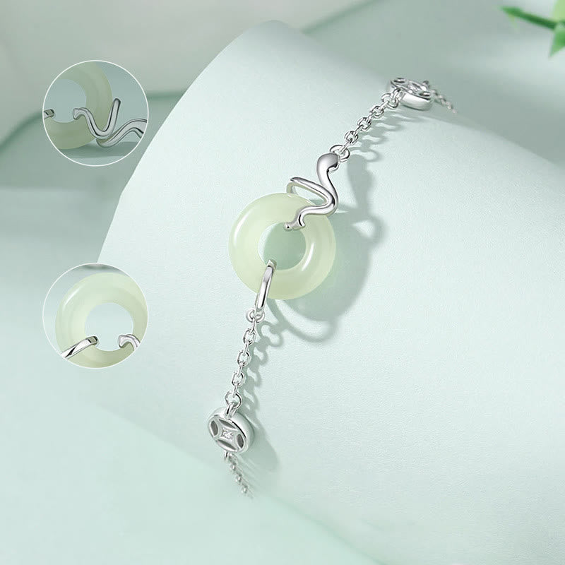 Pulsera de la suerte del año de la serpiente con hebilla de paz de jade hetiano y Buddha Stones en plata de ley 925