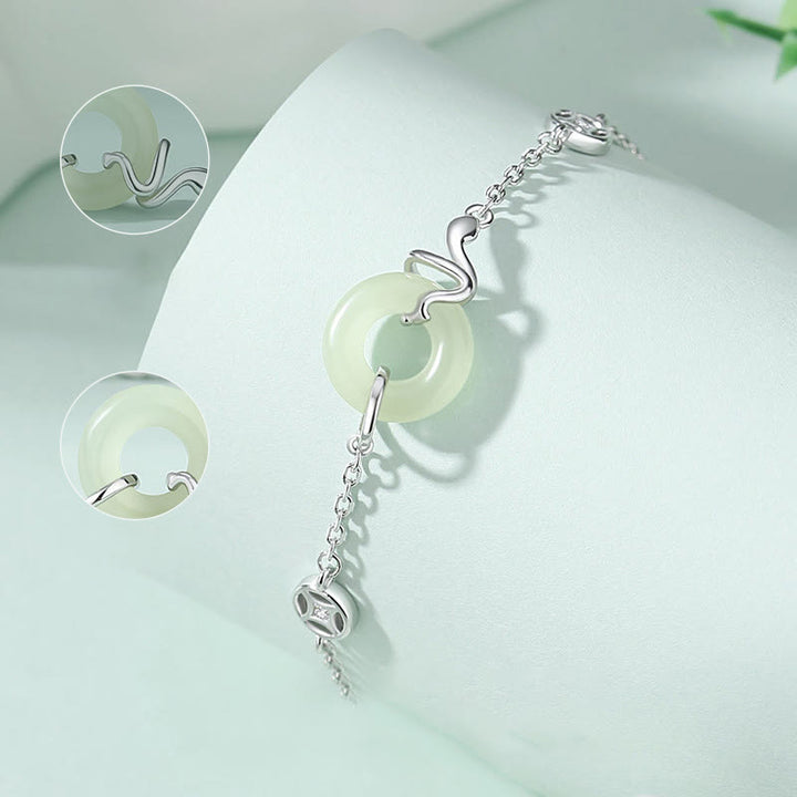 Pulsera de la suerte del año de la serpiente con hebilla de paz de jade hetiano y Buddha Stones en plata de ley 925
