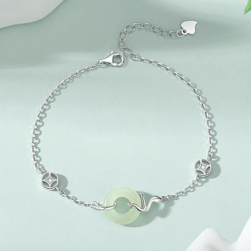 Pulsera de la suerte del año de la serpiente con hebilla de paz de jade hetiano y Buddha Stones en plata de ley 925