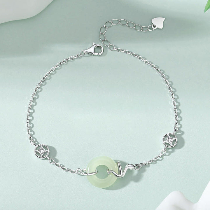 Pulsera de la suerte del año de la serpiente con hebilla de paz de jade hetiano y Buddha Stones en plata de ley 925