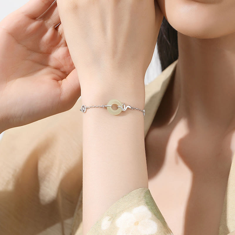 Pulsera de la suerte del año de la serpiente con hebilla de paz de jade hetiano y Buddha Stones en plata de ley 925