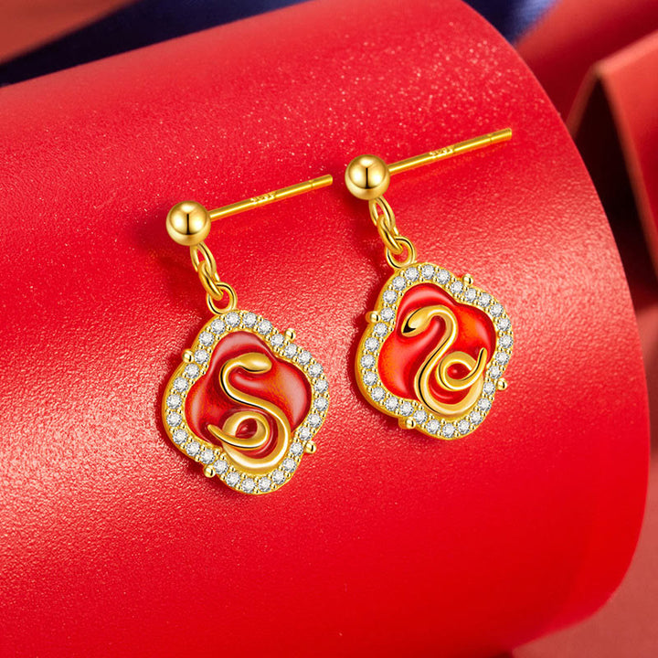 Pendientes de plata de ley 925 con Buddha Stones y bendición del año de la serpiente