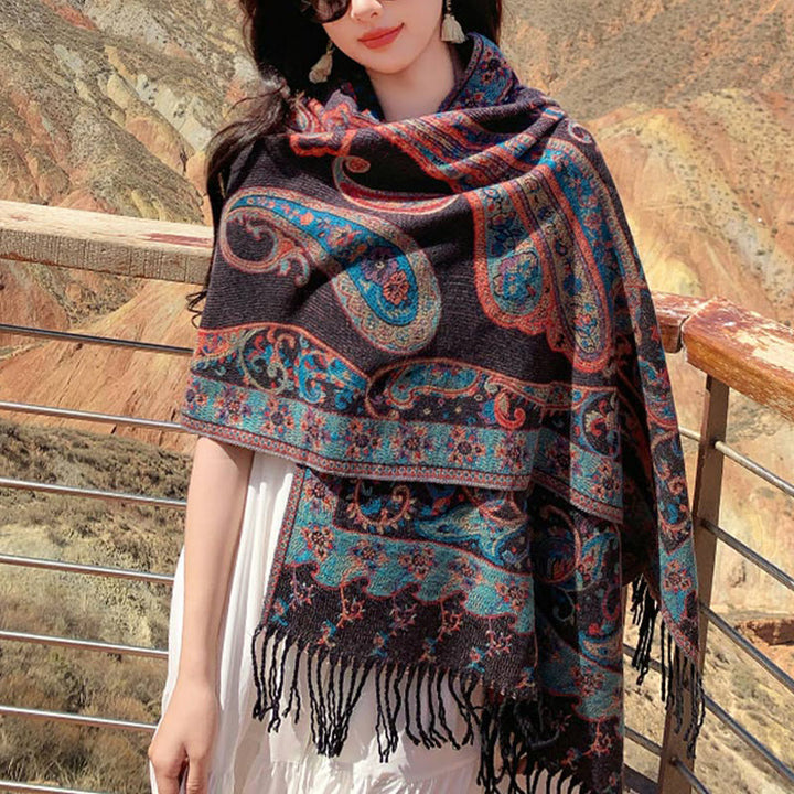 Chal de borlas con flores de anacardo tibetanas y Buddha Stones para otoño e invierno, bufanda de viaje acogedora - image 19