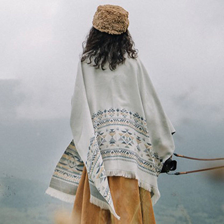 Chal cálido con borlas y diseño geométrico tibetano en color beige con Buddha Stones para otoño e invierno - image 2