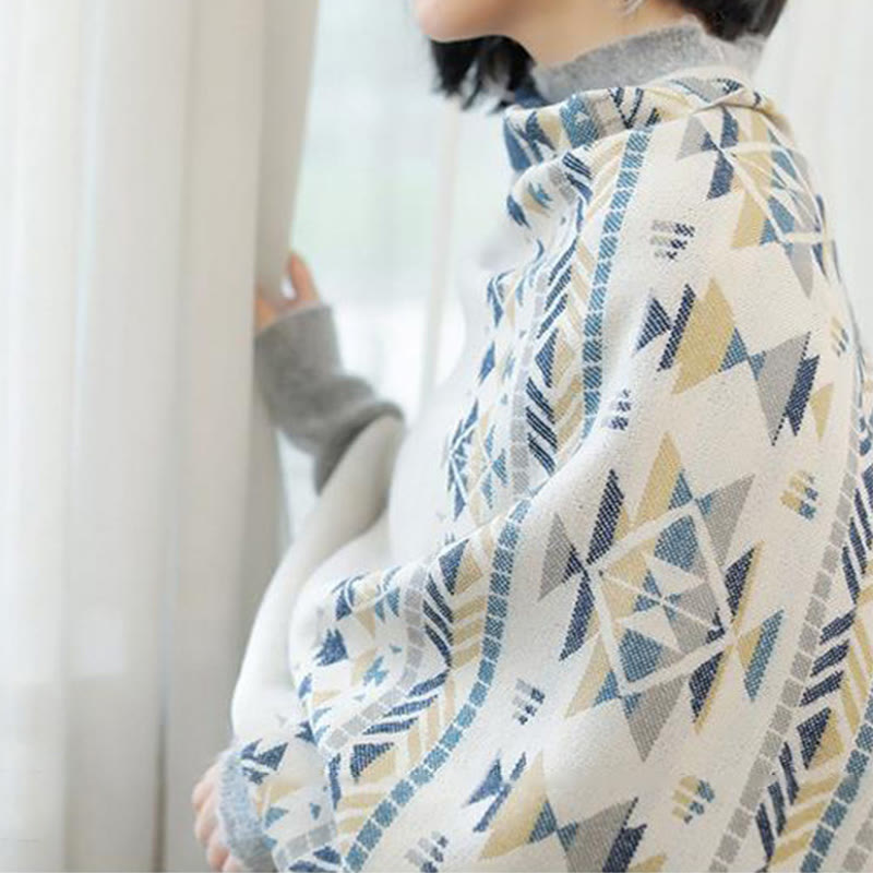 Chal cálido con borlas y diseño geométrico tibetano en color beige con Buddha Stones para otoño e invierno - image 6