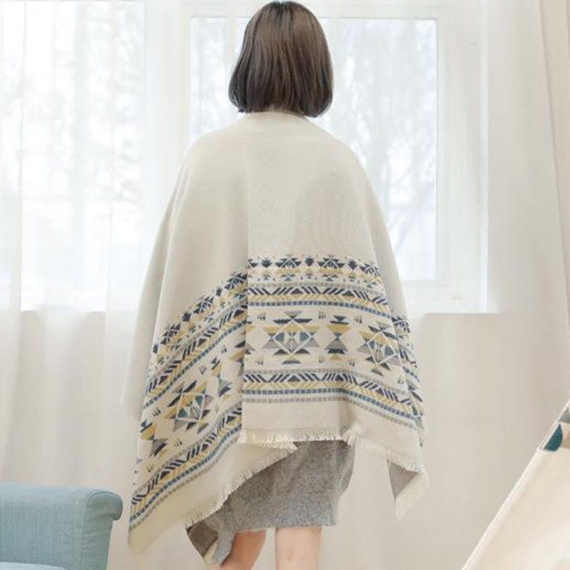 Chal cálido con borlas y diseño geométrico tibetano en color beige con Buddha Stones para otoño e invierno - image 5