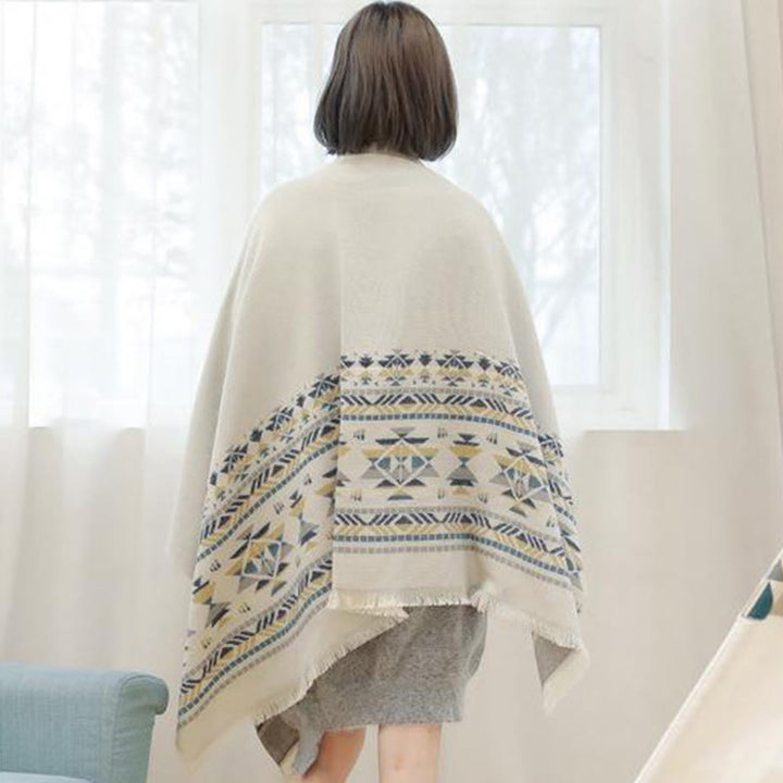 Chal cálido con borlas y diseño geométrico tibetano en color beige con Buddha Stones para otoño e invierno - image 5