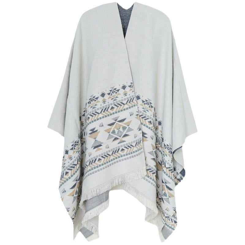 Chal cálido con borlas y diseño geométrico tibetano en color beige con Buddha Stones para otoño e invierno
