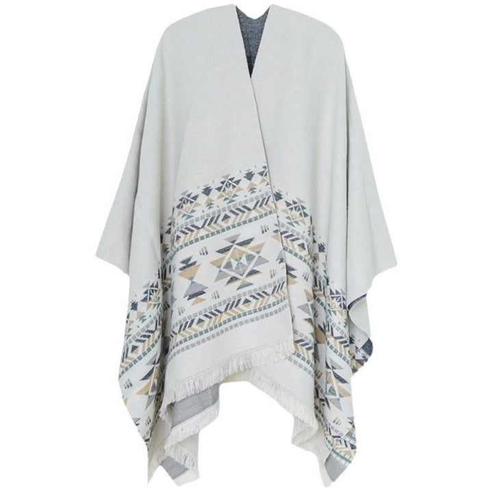 Chal cálido con borlas y diseño geométrico tibetano en color beige con Buddha Stones para otoño e invierno