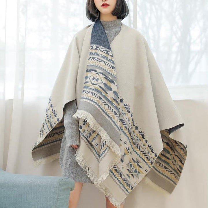 Chal cálido con borlas y diseño geométrico tibetano en color beige con Buddha Stones para otoño e invierno - image 4