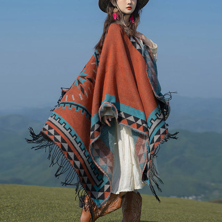 Chal con borlas y diseño geométrico de rombos tibetanos de color naranja y Buddha Stones para otoño e invierno