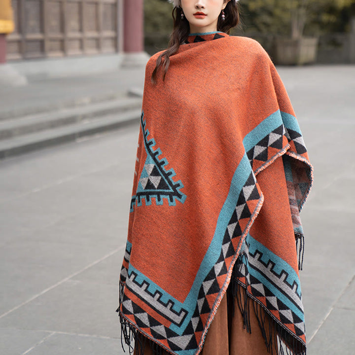 Chal con borlas y diseño geométrico de rombos tibetanos de color naranja y Buddha Stones para otoño e invierno