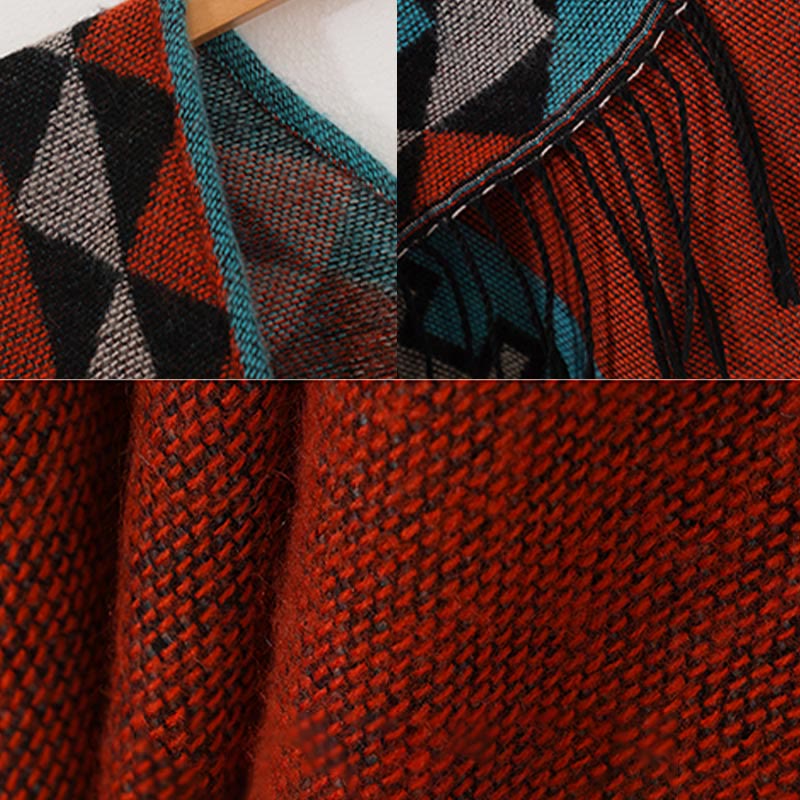Chal con borlas y diseño geométrico de rombos tibetanos de color naranja y Buddha Stones para otoño e invierno