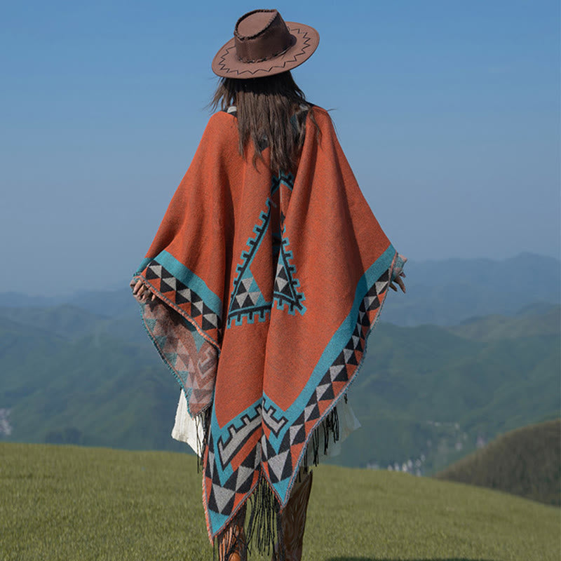 Chal con borlas y diseño geométrico de rombos tibetanos de color naranja y Buddha Stones para otoño e invierno