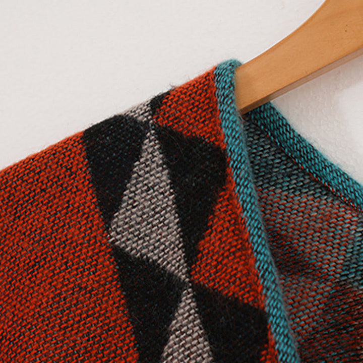 Chal con borlas y diseño geométrico de rombos tibetanos de color naranja y Buddha Stones para otoño e invierno