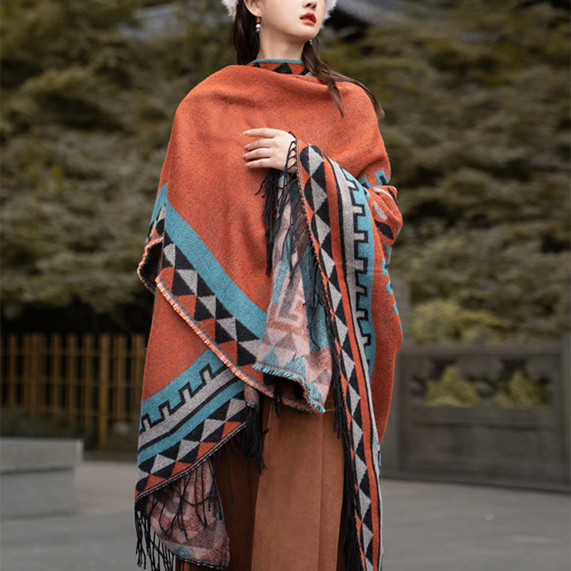 Chal con borlas y diseño geométrico de rombos tibetanos de color naranja y Buddha Stones para otoño e invierno