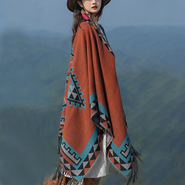 Chal con borlas y diseño geométrico de rombos tibetanos de color naranja y Buddha Stones para otoño e invierno - image 6