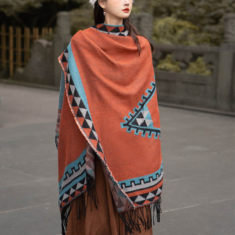 Chal con borlas y diseño geométrico de rombos tibetanos de color naranja y Buddha Stones para otoño e invierno - image 9