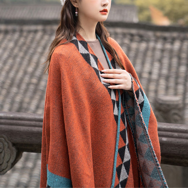 Chal con borlas y diseño geométrico de rombos tibetanos de color naranja y Buddha Stones para otoño e invierno