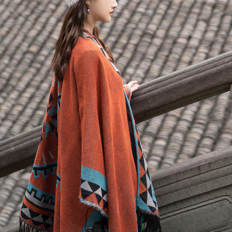 Chal con borlas y diseño geométrico de rombos tibetanos de color naranja y Buddha Stones para otoño e invierno - image 10