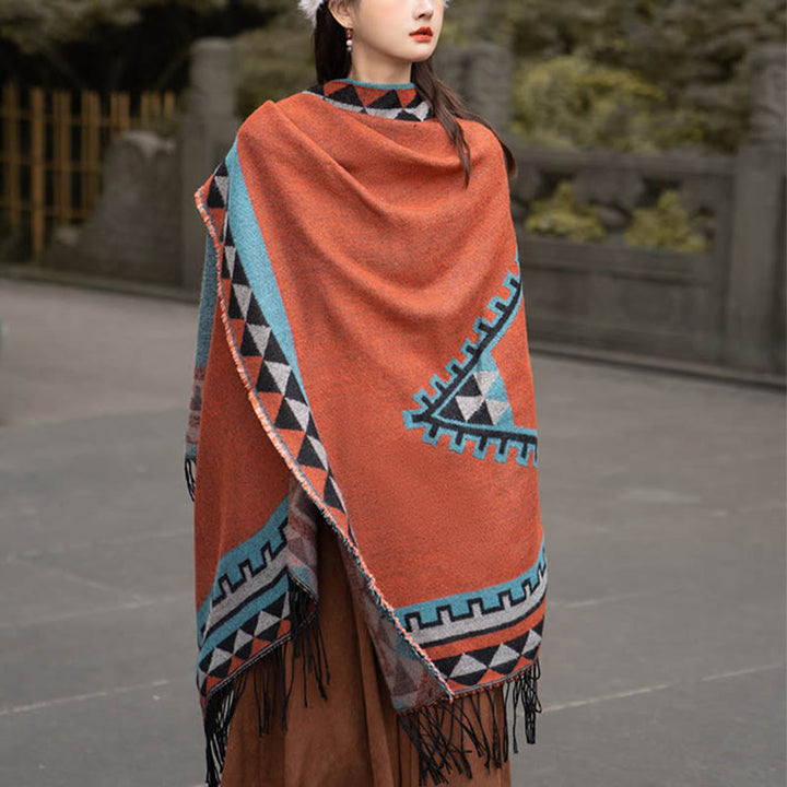 Chal con borlas y diseño geométrico de rombos tibetanos de color naranja y Buddha Stones para otoño e invierno