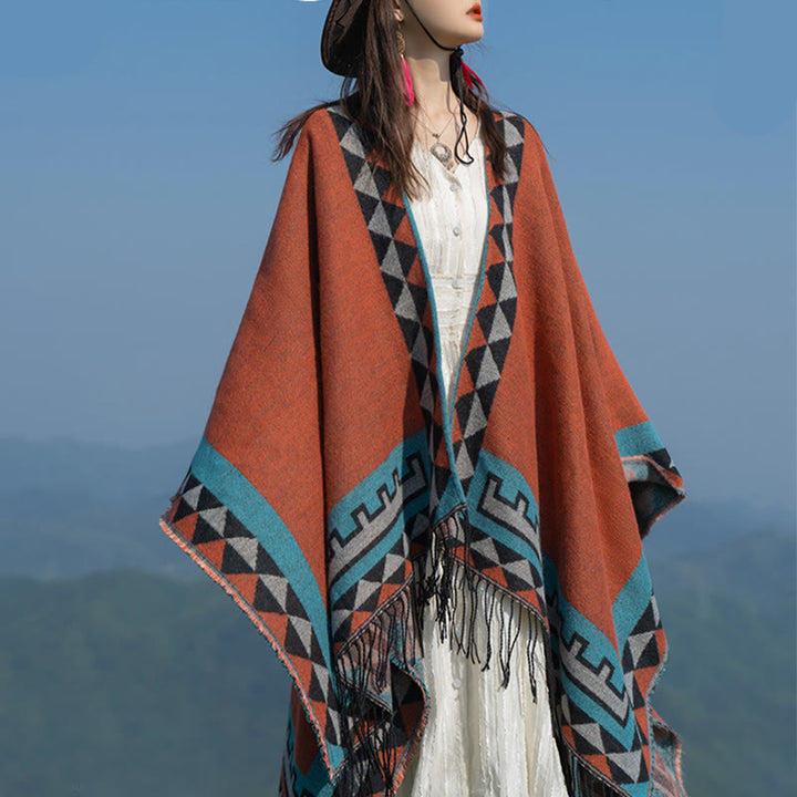 Chal con borlas y diseño geométrico de rombos tibetanos de color naranja y Buddha Stones para otoño e invierno