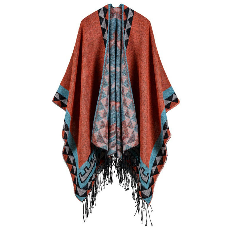 Chal con borlas y diseño geométrico de rombos tibetanos de color naranja y Buddha Stones para otoño e invierno