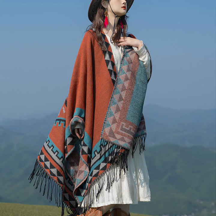 Chal con borlas y diseño geométrico de rombos tibetanos de color naranja y Buddha Stones para otoño e invierno - image 3