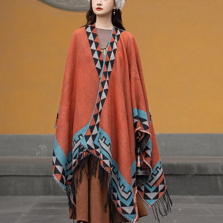 Chal con borlas y diseño geométrico de rombos tibetanos de color naranja y Buddha Stones para otoño e invierno