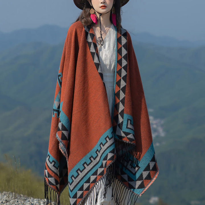 Chal con borlas y diseño geométrico de rombos tibetanos de color naranja y Buddha Stones para otoño e invierno
