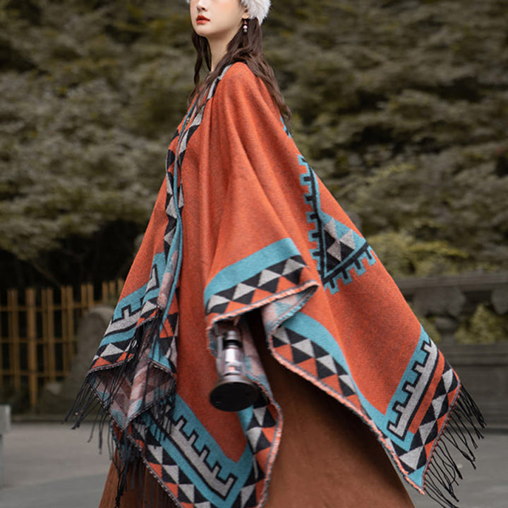 Chal con borlas y diseño geométrico de rombos tibetanos de color naranja y Buddha Stones para otoño e invierno