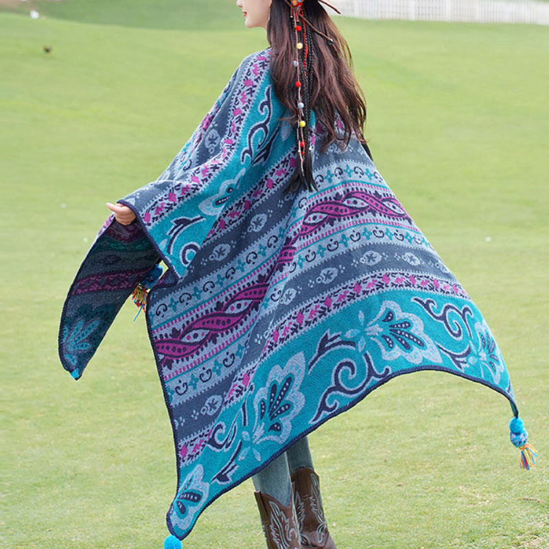 Chal cálido y suave con diseño de flores y rayas horizontales geométricas tibetanas con Buddha Stones para otoño e invierno - Azul 160*135cm - image 0