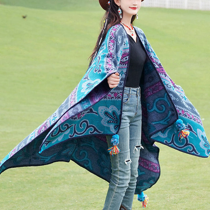 Chal cálido y suave con diseño de flores y rayas horizontales geométricas tibetanas con Buddha Stones para otoño e invierno - image 1