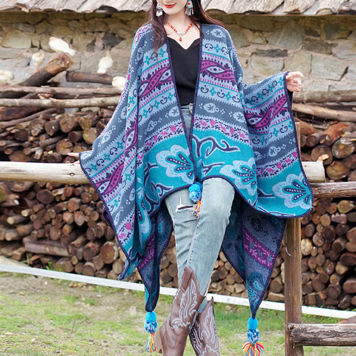 Chal cálido y suave con diseño de flores y rayas horizontales geométricas tibetanas con Buddha Stones para otoño e invierno - image 6